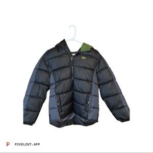 Hawke&Co Boys PufferCoat Size 14/16Black and Grey With Green Line Hood. Like New